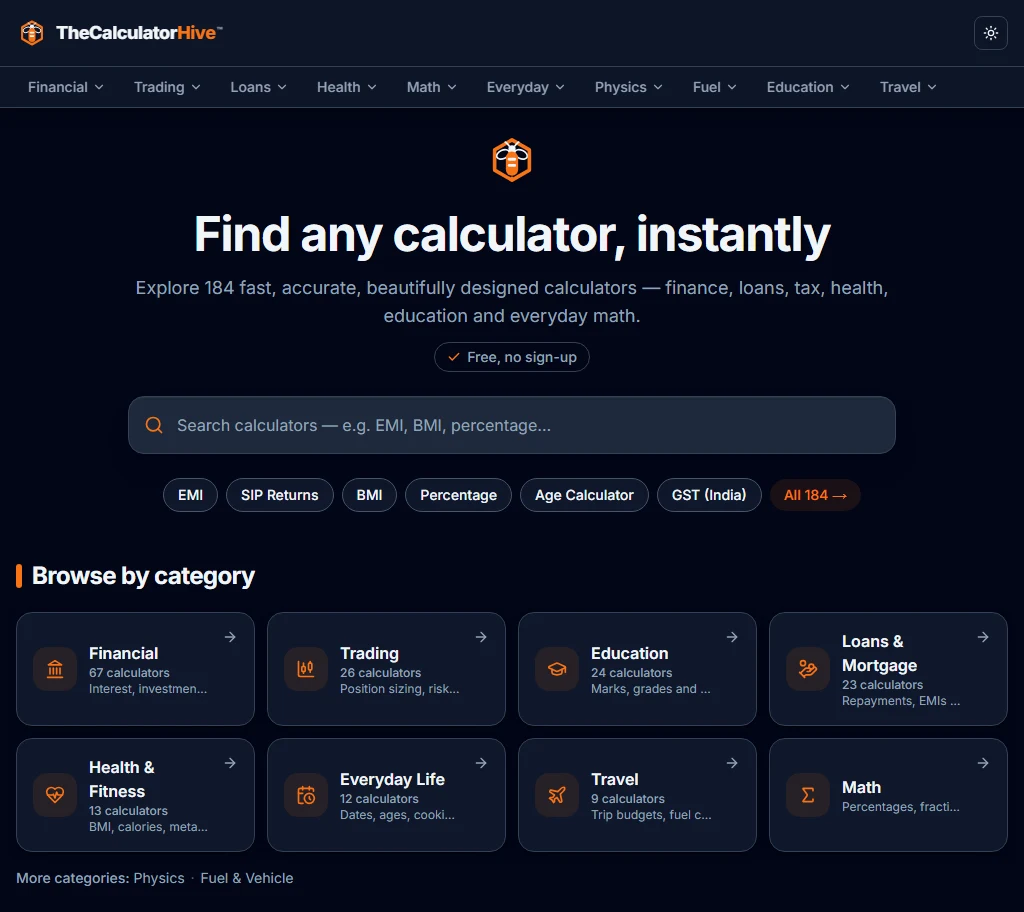 TheCalculatorHive homepage — search field and category grid on a dark theme